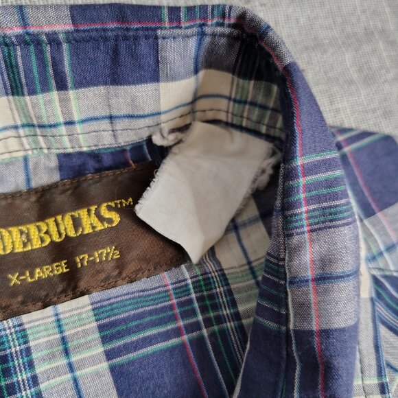 VINTAGE Roebucks Shirt Size XL Blue Short Sleeve Plaid Pearl Snap Western Yoke - Picture 4 of 9